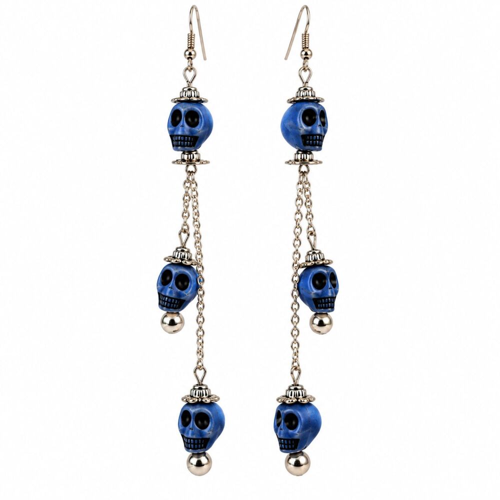 Blue Skull Dangle Earrings Silver Tone Halloween Gothic 5" Long